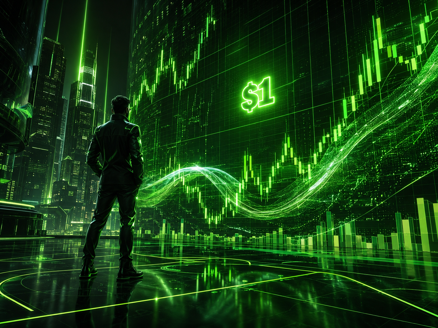 Investor watching $1 rise across the skyline